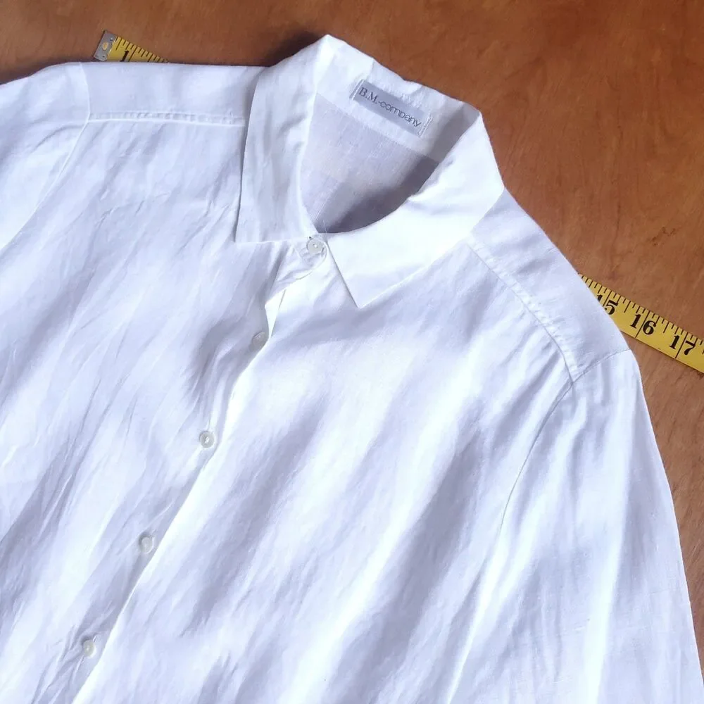 100% Linen White Button Up Tunic Shirt Womens L Minimalist Lagenlook 3/4 Sleeve